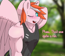 Size: 2300x2000 | Tagged: safe, artist:mopyr, oc, oc only, oc:oree, anthro, arm behind head, armpits, buff, clothes, dialogue, high res, male, muscles, solo, tank top