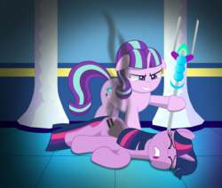 Size: 1827x1551 | Tagged: safe, artist:spellboundcanvas, starlight glimmer, twilight sparkle, alicorn, pony, unicorn, g4, abuse, bad end, burn, de-alicornification, defeated, duo, equal cutie mark, equality, equalized, lying down, nightmare fuel, on side, s5 starlight, staff, the bad guy wins, this will end in communism, twilybuse, victorious villain, xk-class end-of-the-world scenario