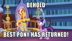 Size: 600x339 | Tagged: safe, edit, screencap, sunset shimmer, twilight sparkle, alicorn, pony, unicorn, equestria girls, equestria girls series, forgotten friendship, best pony, bipedal, discovery family logo, image macro, in the human world for too long, magic mirror, meme, twilight sparkle (alicorn)