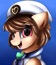 Size: 1722x2003 | Tagged: safe, artist:pridark, oc, oc only, pony, blue background, bust, cap, clothes, commission, cute, happy, hat, open mouth, portrait, simple background, solo