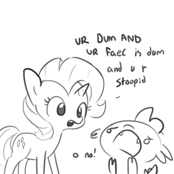 Size: 1650x1650 | Tagged: safe, artist:tjpones, rarity, spike, dragon, pony, unicorn, comic:hindsight is 2020, g4, abuse, dialogue, duo, duo male and female, female, grayscale, insult, male, mare, monochrome, oh no, pure unfiltered evil, raribitch, simple background, sketch, spikeabuse, white background