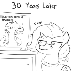Size: 1650x1650 | Tagged: safe, artist:tjpones, rarity, spike, pony, unicorn, comic:hindsight is 2020, g4, clothes, female, glasses, grayscale, hilarious in hindsight, karma, mare, mistakes were made, monochrome, older, older rarity, older spike, regret, simple background, sketch, television, white background