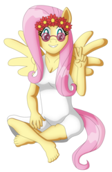 Size: 3257x5015 | Tagged: safe, artist:sergeant16bit, fluttershy, anthro, g4, barefoot, feet, female, floral head wreath, flower, hippie, hippieshy, peace sign, simple background, solo, sunglasses, transparent background, white dress