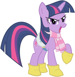 Size: 4191x4308 | Tagged: safe, artist:flutterguy317, twilight sparkle, pony, unicorn, g4, winter wrap up, absurd resolution, boots, clothes, female, saddle, scarf, shoes, simple background, solo, tack, transparent background, unicorn twilight