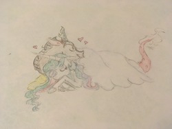 Size: 4032x3024 | Tagged: safe, artist:seriousponylovers, discord, princess celestia, g4, blanket, female, heart, male, ship:dislestia, shipping, sleeping, snuggling, straight, traditional art