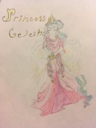 Size: 1024x1365 | Tagged: safe, artist:seriousponylovers, princess celestia, human, g4, clothes, dress, eyes closed, female, gala dress, pink, pretty, solo, traditional art