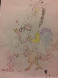 Size: 1024x1365 | Tagged: safe, artist:seriousponylovers, discord, princess celestia, alicorn, draconequus, pony, g4, blushing, cay-cay, colored pencil drawing, female, heart, hug, male, mare, pink hair, ship:dislestia, shipping, simple background, straight, traditional art, white background, younger