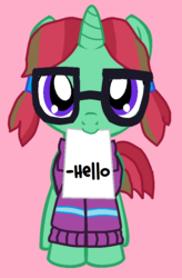 Size: 619x946 | Tagged: safe, oc, oc:straight a's, clothes, glasses, paper, pigtails, pink background, simple background, sweater