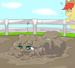 Size: 2000x1832 | Tagged: safe, artist:plinko, bright mac, pear butter, earth pony, pony, g4, blushing, covered in mud, cute, farm, female, filthy, hat, male, mare, mud, mud bath, muddy, pearabetes, pig pen, sad, sadorable, stallion, wet and messy