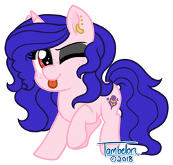 Size: 603x574 | Tagged: safe, artist:tambelon, oc, oc only, oc:spooky sounds, pony, succubus, unicorn, ear piercing, earring, female, jewelry, mare, piercing, simple background, solo, tongue out, white background