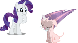 Size: 6512x3632 | Tagged: safe, artist:dashiesparkle edit, artist:tardifice, edit, editor:slayerbvc, vector edit, rarity, sweetie belle, pony, unicorn, g4, bad mane day, burnt, female, filly, furless, furless edit, mare, mouth hold, nude edit, nudity, scorched, shaved, shaved tail, simple background, stifling laughter, sweetie bald, sweetie fail, test tube, transparent background, vector, wavy mouth