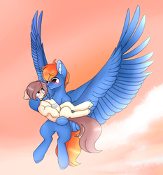 Size: 3369x3609 | Tagged: safe, artist:aliceub, oc, oc only, earth pony, pegasus, pony, bandage, blushing, female, flying, high res, holding a pony, large wings, looking at each other, male, shipping, sky, spread wings, straight, wings
