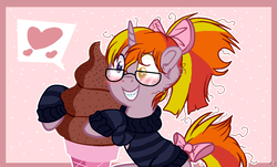 Size: 1339x810 | Tagged: safe, artist:themisslittledevil, oc, oc only, oc:muffet dance, pony, unicorn, bow, clothes, female, food, glasses, grin, hair bow, heart, heterochromia, ice cream, magical lesbian spawn, mare, offspring, parent:derpy hooves, parent:moondancer, pictogram, smiling, solo, sweater, tail bow, turtleneck