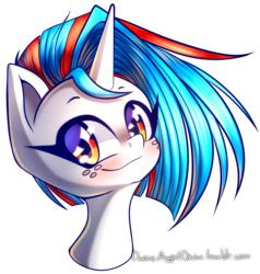 Size: 1400x1468 | Tagged: safe, artist:chaosangeldesu, oc, oc only, oc:aqua jewel, pony, unicorn, blushing, bust, female, freckles, happy, mare, multicolored hair, portrait, simple background, smiling, solo, transparent background