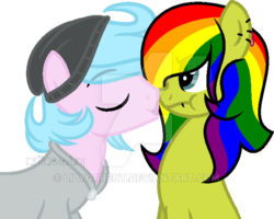 Size: 600x479 | Tagged: safe, artist:lilygarent, oc, oc only, oc:felix, oc:ranbow dance, earth pony, pony, beanie, clothes, female, hat, kissing, male, mare, rainbow hair, simple background, stallion, transparent background, watermark