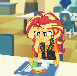 Size: 662x648 | Tagged: safe, screencap, sunset shimmer, equestria girls, equestria girls specials, g4, my little pony equestria girls: better together, my little pony equestria girls: forgotten friendship, angry, animated, apple, cafeteria, clothes, female, food, frustrated, jacket, sad, sandwich