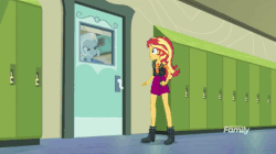 Size: 512x286 | Tagged: safe, screencap, sunset shimmer, trixie, equestria girls, equestria girls specials, g4, my little pony equestria girls: better together, my little pony equestria girls: forgotten friendship, animated, boots, clothes, duo, female, jacket, magic trick, school, shoes, teleportation, trick