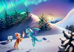 Size: 4961x3508 | Tagged: safe, artist:pucksterv, princess ember, oc, oc:ember, oc:ember (hwcon), dragon, earth pony, pony, hearth's warming con, g4, absurd resolution, aurora borealis, braid, braided tail, charity, clothes, dragoness, duo, female, fir tree, fire, flying, hoof hold, mare, mascot, multicolored mane, multicolored tail, namesake, print, pun, rearing, scarf, scenery, signature, snow, sunset, torch, tree, visual pun