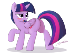 Size: 2732x2048 | Tagged: safe, artist:lemonspark, twilight sparkle, alicorn, pony, g4, blushing, butt, dock, female, high res, plot, raised eyebrow, raised hoof, simple background, solo, twilight sparkle (alicorn), white background