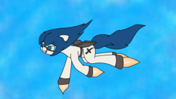 Size: 3840x2160 | Tagged: safe, artist:aquaholicsanonymous, oc, oc only, oc:merlin, original species, rocket pony, female, flying, goggles, gridfins, grin, high res, mare, rocket, smiling, solo, spacex, spread wings, windswept mane