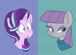 Size: 1354x983 | Tagged: safe, artist:drawbauchery, maud pie, starlight glimmer, earth pony, pony, unicorn, g4, bust, duo, portrait