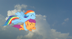 Size: 2560x1410 | Tagged: safe, artist:artpwny, artist:kuco, rainbow dash, scootaloo, pony, g4, holding a pony, scootalove