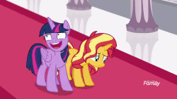 Size: 900x506 | Tagged: safe, screencap, sunset shimmer, twilight sparkle, alicorn, pony, unicorn, equestria girls, equestria girls specials, g4, my little pony equestria girls: better together, my little pony equestria girls: forgotten friendship, animated, awkward, duo, faic, female, grin, hall, laughing, mare, nervous, nervous laugh, nervous smile, raised hoof, sad, smiling, throne room, twilight sparkle (alicorn)