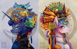 Size: 3000x1913 | Tagged: safe, artist:buryooooo, princess celestia, princess luna, alicorn, bird, peacock, pony, g4, alternate hairstyle, chinese new year, clothes, duo, eyeshadow, female, looking at you, makeup, mare, smiling