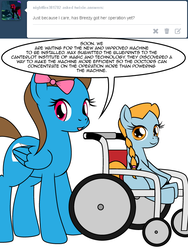 Size: 600x800 | Tagged: safe, artist:dekomaru, oc, oc only, oc:breezy, oc:windy, pegasus, pony, tumblr:ask twixie, ask, female, filly, handicapped, mare, mother and daughter, tumblr, wheelchair