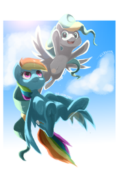 Size: 2480x3508 | Tagged: safe, artist:theprince, rainbow dash, vapor trail, pegasus, pony, g4, armpits, belly button, cloud, cute, duo, female, flying, high res, mare