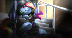 Size: 4096x2160 | Tagged: safe, artist:theprince, rainbow dash, pegasus, pony, g4, clothes, female, gun, hibana, hoodie, looking at you, mare, rainbow six siege, solo, weapon