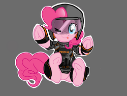 Size: 4096x3112 | Tagged: safe, artist:theprince, pinkie pie, earth pony, pony, g4, female, frog (hoof), looking at you, mira, one eye closed, rainbow six siege, riot gear, simple background, solo, tongue out, underhoof, wink