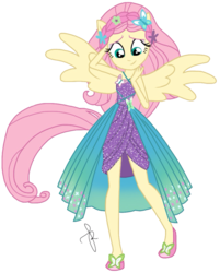Size: 1648x2048 | Tagged: safe, artist:ilaria122, fluttershy, equestria girls, equestria girls series, forgotten friendship, g4, alternate hairstyle, clothes, dress, female, flower, flower in hair, looking down, ponied up, shoes, simple background, smiling, solo, transparent background