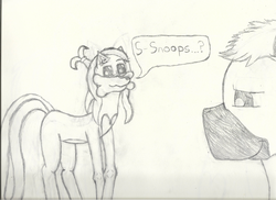 Size: 2338x1700 | Tagged: safe, artist:2tailedderpy, oc, oc only, oc:snoopy stallion, oc:two-tailed derpy, dog, earth pony, fox, fox pony, hybrid, original species, pony, bad anatomy, blushing, dialogue, heart, pencil drawing, ponytail, rule 63, text, traditional art