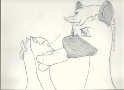 Size: 2338x1700 | Tagged: safe, artist:2tailedderpy, oc, oc only, oc:snoopy stallion, oc:two-tailed derpy, earth pony, fox, fox pony, hybrid, original species, pony, blushing, dialogue, kissing, monochrome, oc x oc, onomatopoeia, pencil drawing, rule 63, shipping, simple background, size difference, text, traditional art, white background