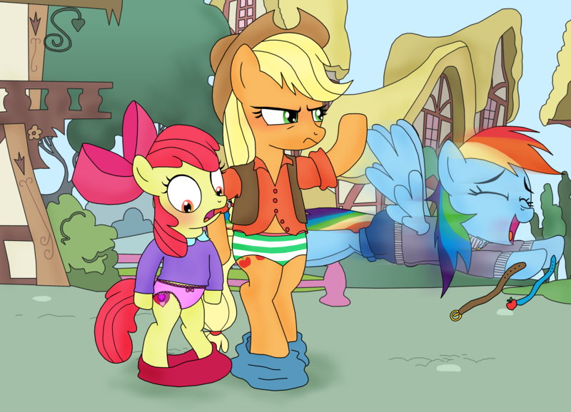 1661296 - dead source, safe, artist:elephanteddie, apple bloom, applejack,  rainbow dash, pony, semi-anthro, g4, angry, assisted exposure, belt,  bipedal, blushing, bow, clothes, cowboy hat, embarrassed, embarrassed  underwear exposure, female, frilly