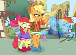 Size: 4033x2915 | Tagged: dead source, safe, artist:elephanteddie, apple bloom, applejack, rainbow dash, earth pony, pony, semi-anthro, g4, angry, assisted exposure, belt, bipedal, blushing, bow, clothes, cowboy hat, embarrassed, embarrassed underwear exposure, female, frilly underwear, hat, high res, humiliation, panties, pants, pants down, pantsing, pink underwear, ponyville, prank, ribbon, shorts, skirt, skirt pulled down, stetson, striped underwear, underwear, undressing