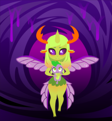 Size: 3642x3933 | Tagged: safe, artist:alpaca-pharaoh, spike, thorax, changedling, changeling, dragon, anthro, g4, blushing, cute, cuteling, duo, female, high res, king thorax, lineless, looking at you, male, mesosoma, queen mesosoma, rule 63