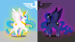 Size: 2746x1571 | Tagged: safe, artist:alpaca-pharaoh, nightmare moon, princess celestia, princess luna, alicorn, pony, g4, aquila, crown, female, jewelry, mare, nightmare luna, regalia