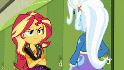 Size: 1920x1080 | Tagged: safe, screencap, blueberry cake, indigo wreath, sunset shimmer, trixie, equestria girls, equestria girls series, forgotten friendship, g4, angry, animated, crossed arms, discovery family logo, female, looking at each other, school, sound, webm