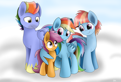 Size: 1024x696 | Tagged: safe, artist:enviaart, bow hothoof, rainbow dash, scootaloo, windy whistles, pegasus, pony, g4, cloud, cute, family, father, father and child, father and daughter, female, happy, hug, male, missing accessory, mother, mother and child, mother and daughter, parent:bow hothoof, parent:windy whistles, parents:windyhoof, scootadoption, scootalove, siblings, sisters, winghug