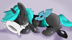 Size: 1280x720 | Tagged: safe, artist:jbond, oc, oc only, changeling, blue changeling, changeling oc, commission, female, pillow, simple background, sleeping, solo