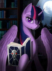 Size: 2473x3389 | Tagged: safe, artist:dezdark, twilight sparkle, alicorn, pony, vampire, g4, book, bookshelf, cloud, curved horn, ear piercing, fangs, high res, horn, looking at you, moon, night, piercing, skull, sky, twilight sparkle (alicorn), wings