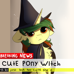 Size: 5024x5024 | Tagged: safe, artist:kebchach, oc, oc only, oc:northern spring, pony, unicorn, :<, absurd resolution, breaking news, cape, chest fluff, clothes, ear fluff, featured image, female, floppy ears, freckles, hat, looking at you, mare, necktie, news, ocbetes, robes, simple background, sitting, solo, sparkles, sparkly eyes, starry eyes, text, truth, wingding eyes, witch, witch costume, witch hat