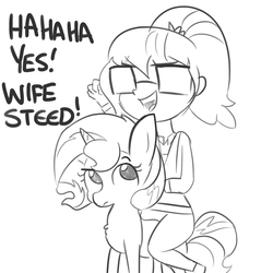 Size: 1650x1650 | Tagged: safe, artist:tjpones, sci-twi, sunset shimmer, twilight sparkle, pony, unicorn, series:sciset diary, equestria girls, g4, dialogue, duo, female, glasses, grayscale, humans riding ponies, lesbian, monochrome, riding, ship:sci-twishimmer, ship:sunsetsparkle, shipping, simple background, sketch, twilight riding sunset shimmer, white background