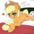 Size: 2272x2272 | Tagged: safe, artist:yorozpony, applejack, earth pony, pony, g4, bed, bedroom eyes, cowboy hat, cute, female, hat, heart, high res, jackabetes, japanese, looking at you, mare, pillow, solo, stetson, tongue out