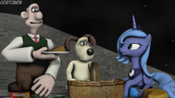 Size: 3840x2160 | Tagged: safe, artist:goatcanon, princess luna, alicorn, dog, human, pony, g4, 3d, a grand day out, cheese, crossover, food, gromit, high res, luna and the nauts, moon, s1 luna, source filmmaker, wallace, wallace and gromit