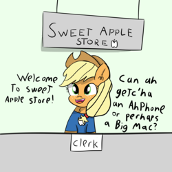 Size: 5000x5000 | Tagged: safe, artist:artiks, applejack, g4, absurd resolution, apple (company), apple store, clothes, dialogue, female, mare, shirt, solo, t-shirt