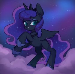 Size: 1200x1182 | Tagged: safe, artist:ikirunosindo, princess luna, alicorn, pony, g4, female, horn, jewelry, looking at you, mare, night, raised hoof, sky, solo, stars, tiara, wings