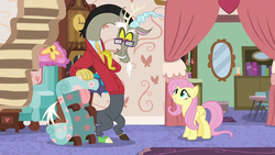 Size: 1280x720 | Tagged: safe, screencap, discord, fluttershy, draconequus, pegasus, pony, discordant harmony, g4, my little pony: friendship is magic, chase lounge, clothes, fainting couch, female, glasses, happy, living object, male, mare, sweater, tongue out